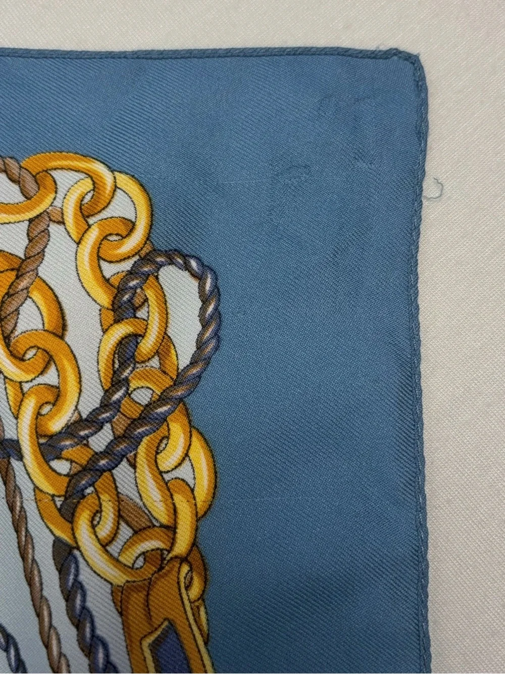 Vintage 90s Gérard L.Y. Paris Silk Scarf Blue Gold Tassel Chain 30x30